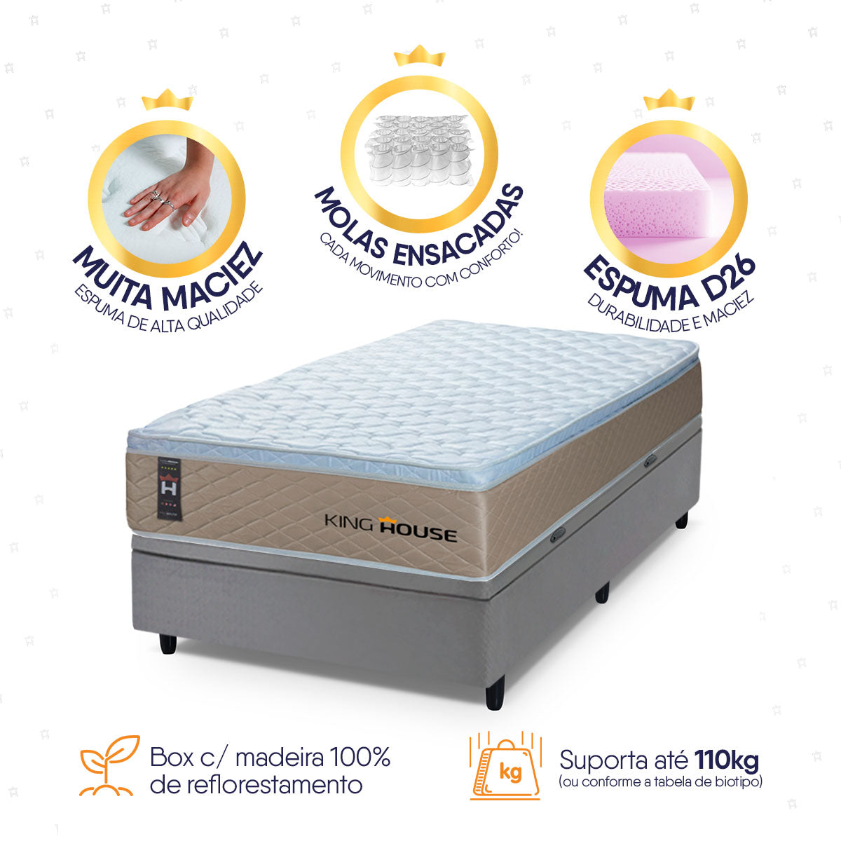Cama Box Baú Alford 96x203 Bege e Cinza c/ Molas Ensacadas Espuma D26 Suporta 110 kg