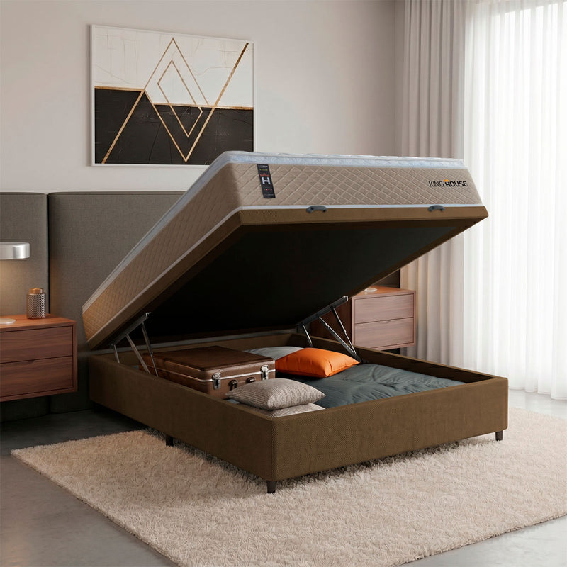 Cama Box Baú Alford 138x188 Bege e Marrom c/ Molas Ensacadas Espuma D26 Suporta 110 kg