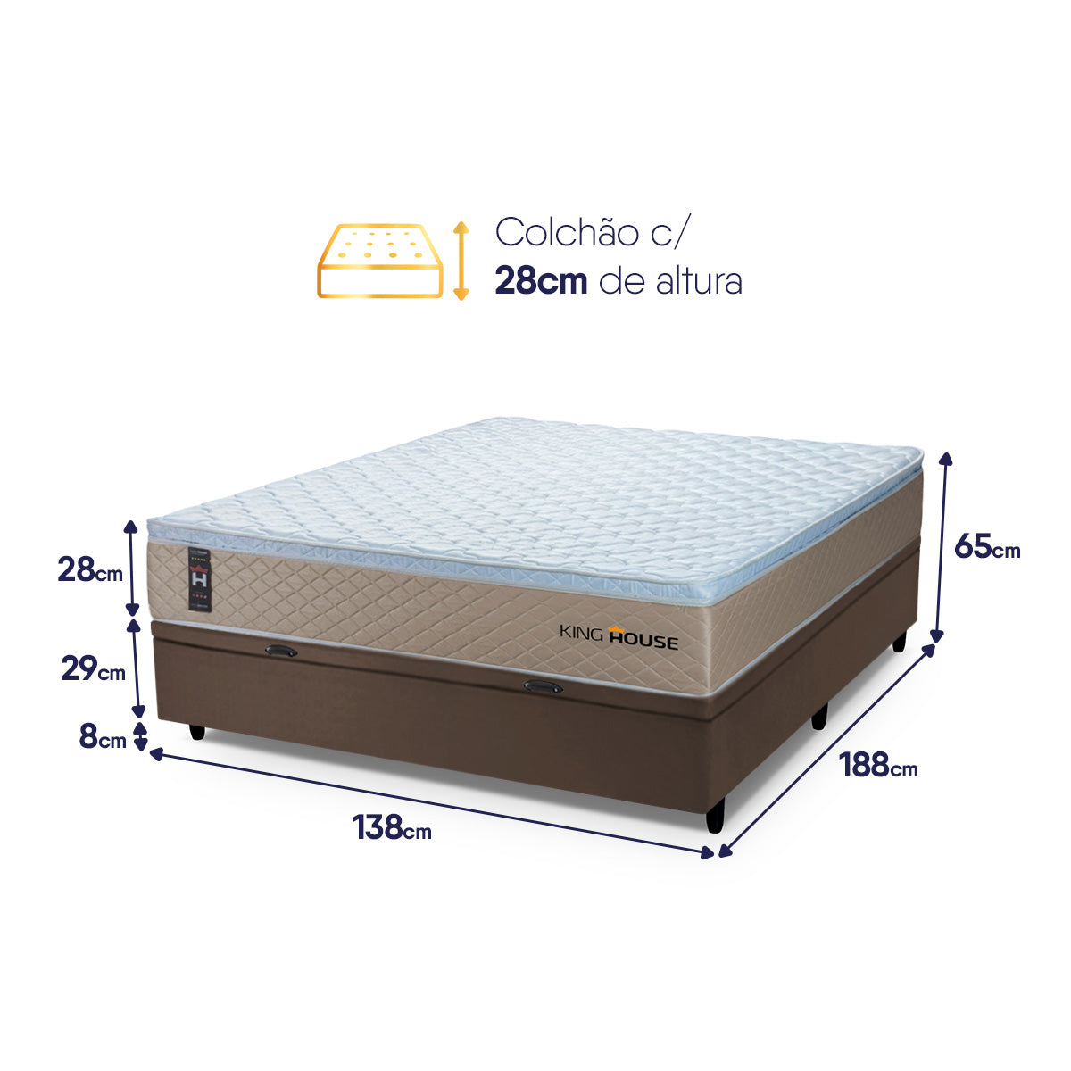 Cama Box Baú Alford 138x188 Bege e Marrom c/ Molas Ensacadas Espuma D26 Suporta 110 kg