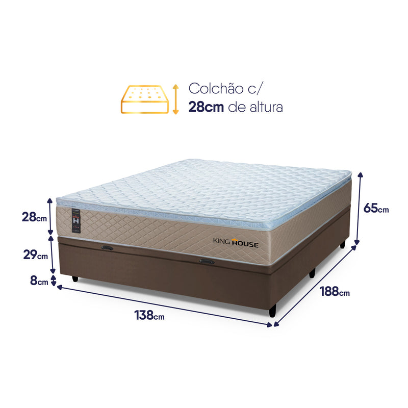 Cama Box Baú Alford 138x188 Bege e Marrom c/ Molas Ensacadas Espuma D26 Suporta 110 kg