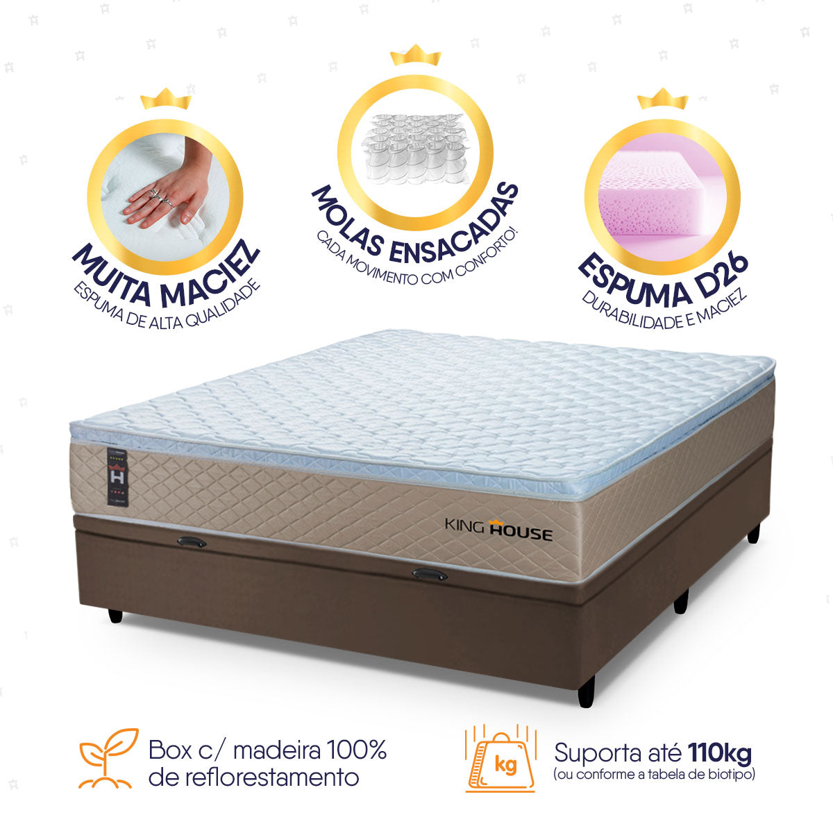 Cama Box Baú Alford 138x188 Bege e Marrom c/ Molas Ensacadas Espuma D26 Suporta 110 kg