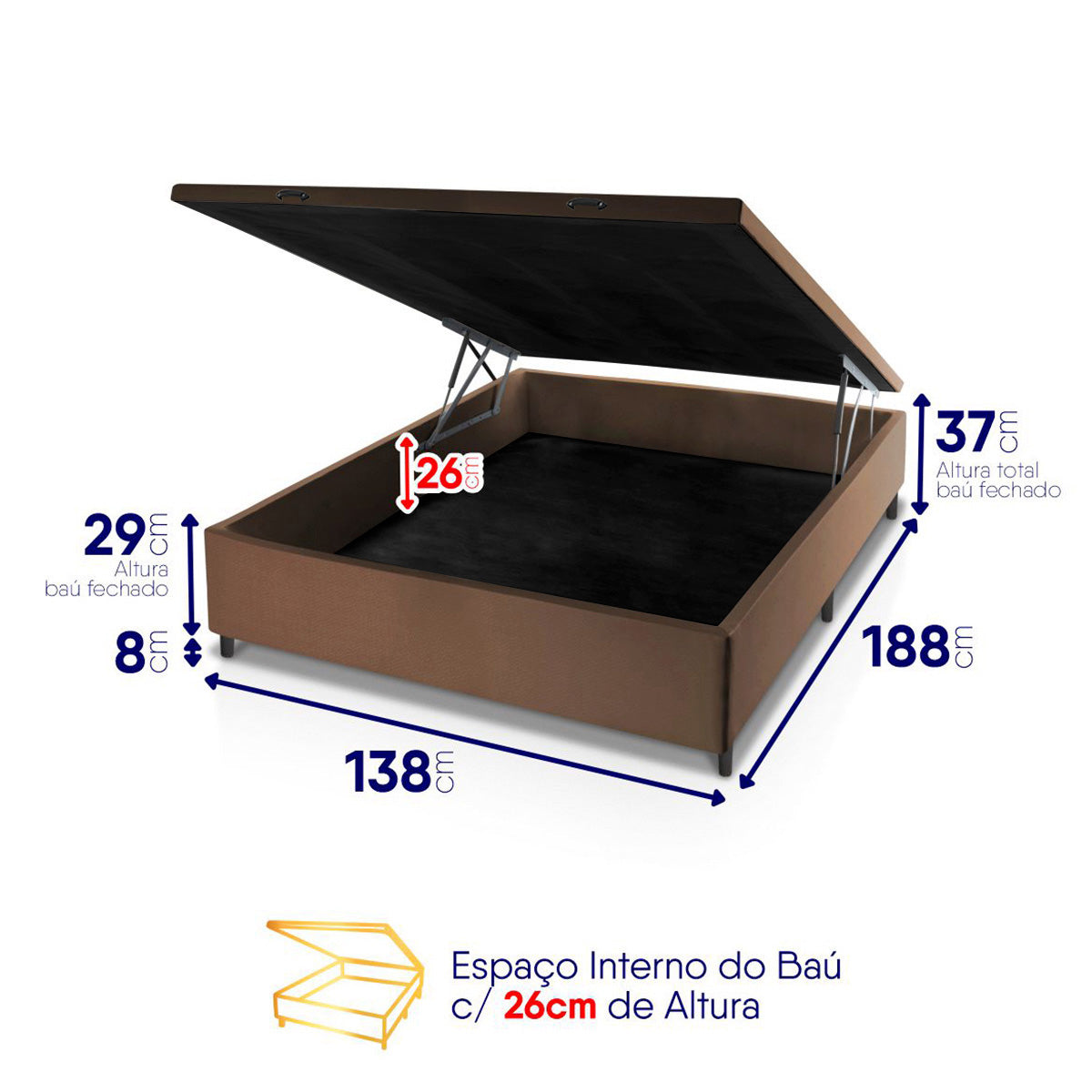 Cama Box Baú Alford 138x188 Bege e Marrom c/ Molas Ensacadas Espuma D26 Suporta 110 kg