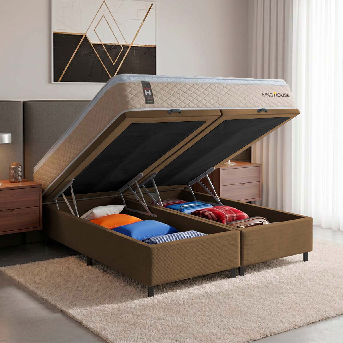 Cama Box Baú Alford c/ Molas Ensacadas 193x203 Bege e Marrom Espuma D26 Suporta 110 kg