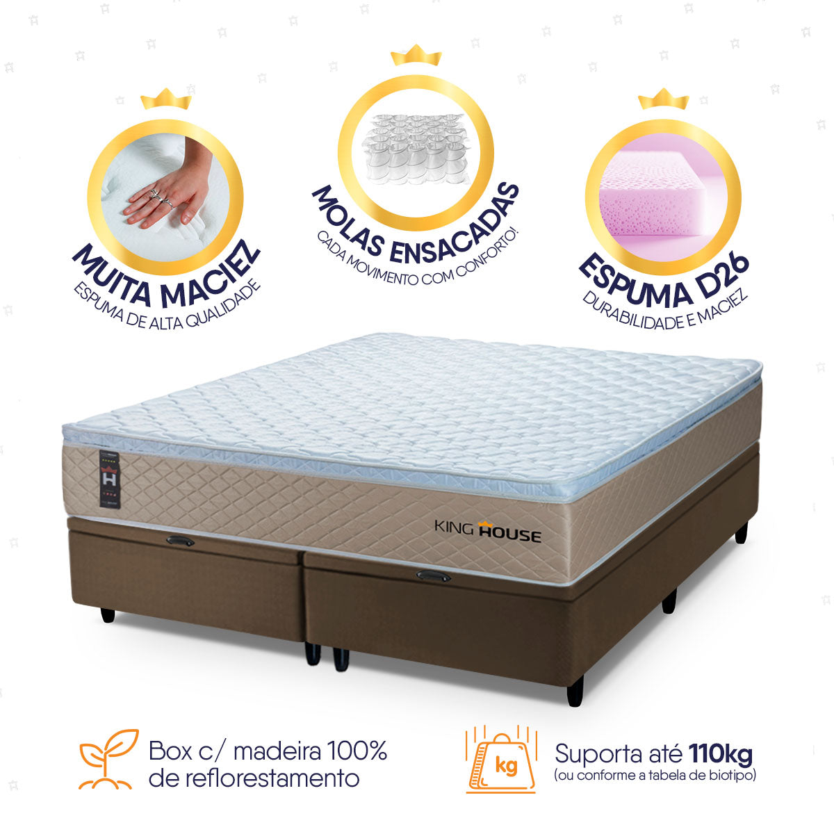 Cama Box Baú Alford c/ Molas Ensacadas 193x203 Bege e Marrom Espuma D26 Suporta 110 kg