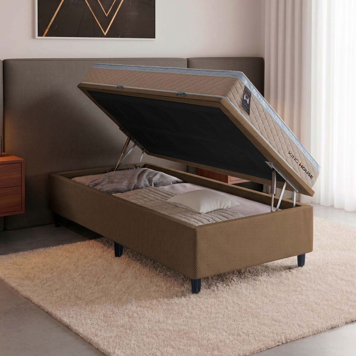 Cama Box Baú Alford 96x203 Bege e Marrom c/ Molas Ensacadas Espuma D26 Suporta 110 kg