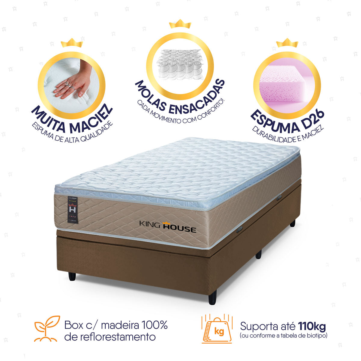 Cama Box Baú Alford 96x203 Bege e Marrom c/ Molas Ensacadas Espuma D26 Suporta 110 kg