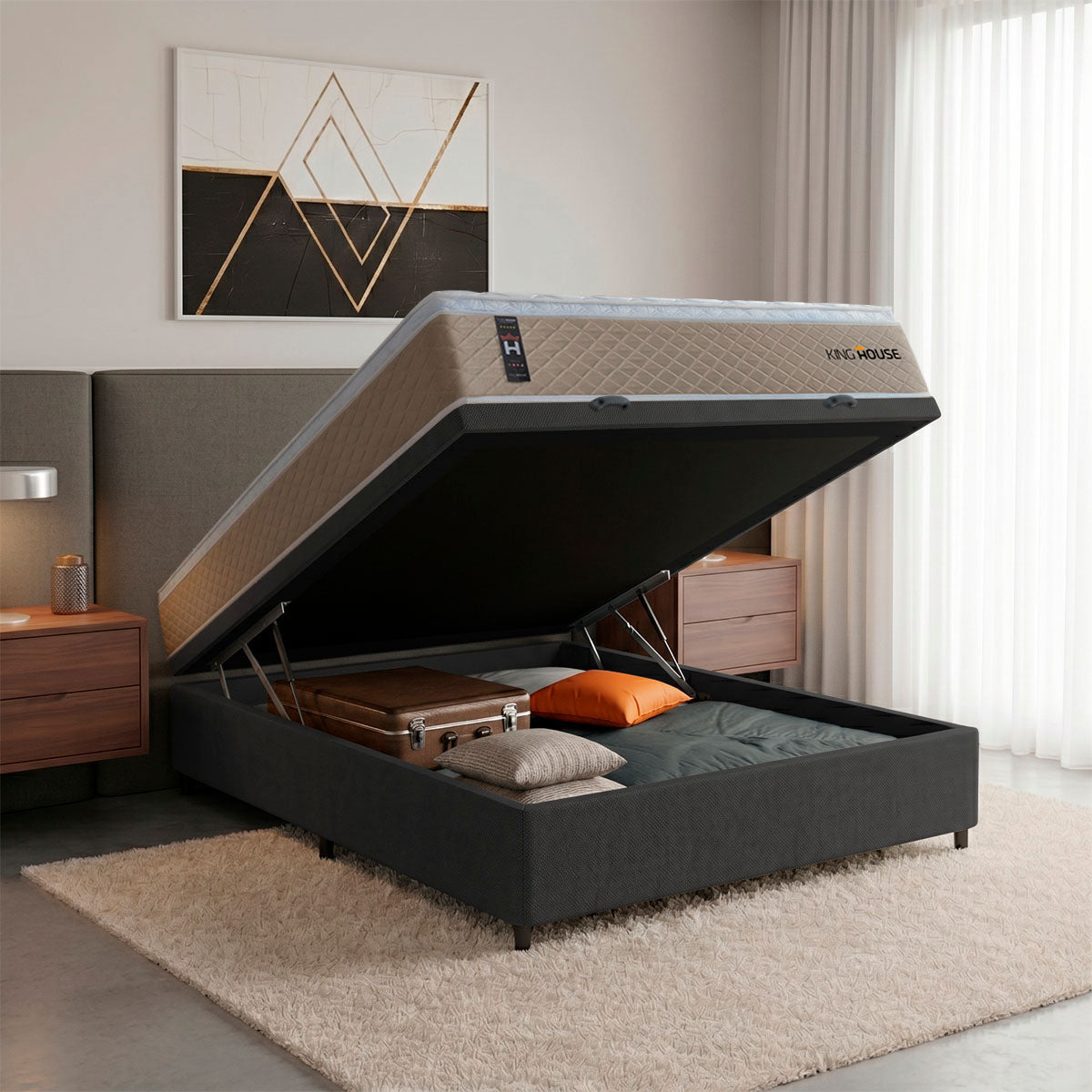 Cama Box Baú Alford 138x188 Bege e Preto c/ Molas Ensacadas Espuma D26 Suporta 110 kg