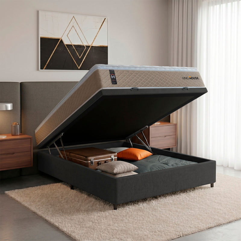 Cama Box Baú Alford 138x188 Bege e Preto c/ Molas Ensacadas Espuma D26 Suporta 110 kg