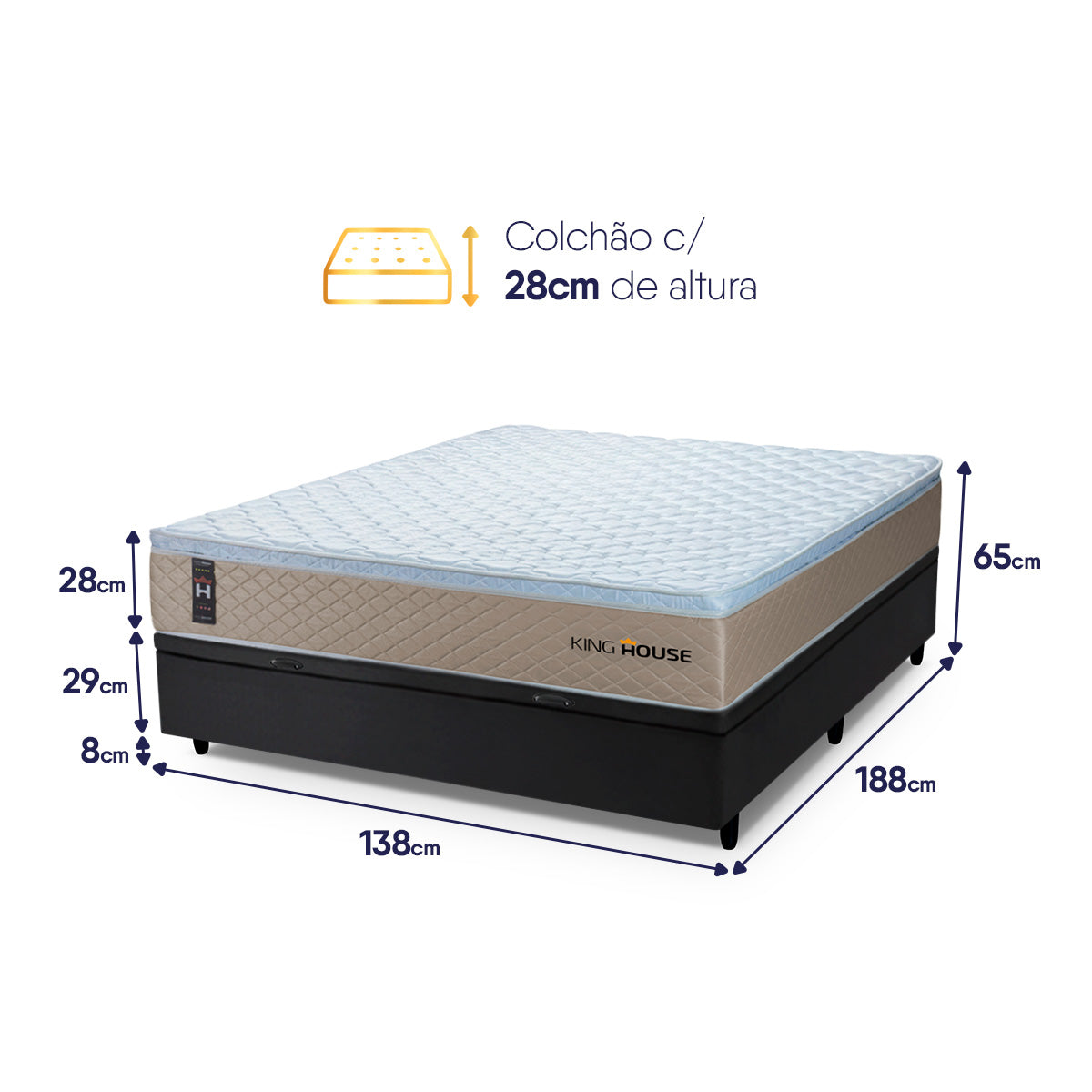 Cama Box Baú Alford 138x188 Bege e Preto c/ Molas Ensacadas Espuma D26 Suporta 110 kg
