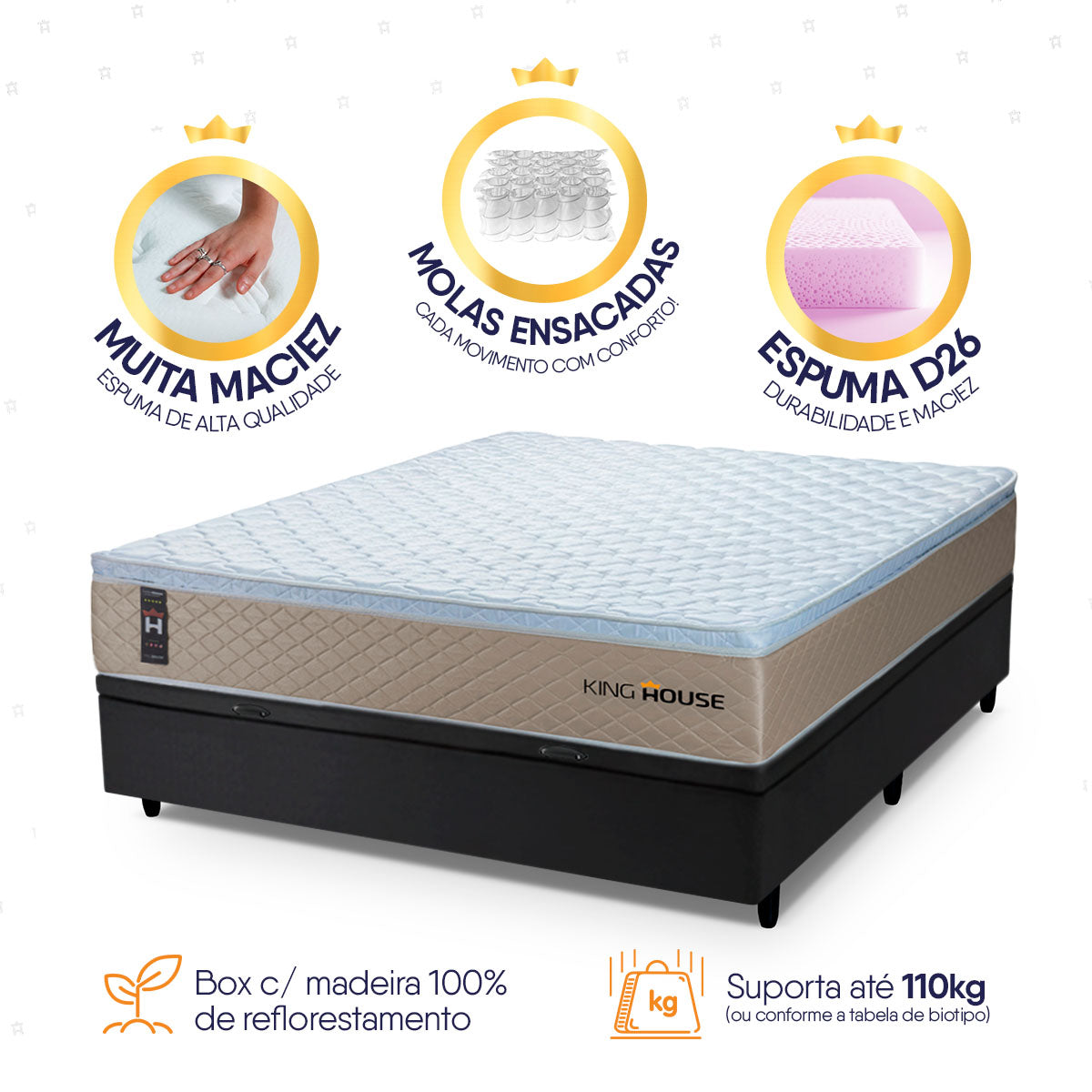 Cama Box Baú Alford 138x188 Bege e Preto c/ Molas Ensacadas Espuma D26 Suporta 110 kg