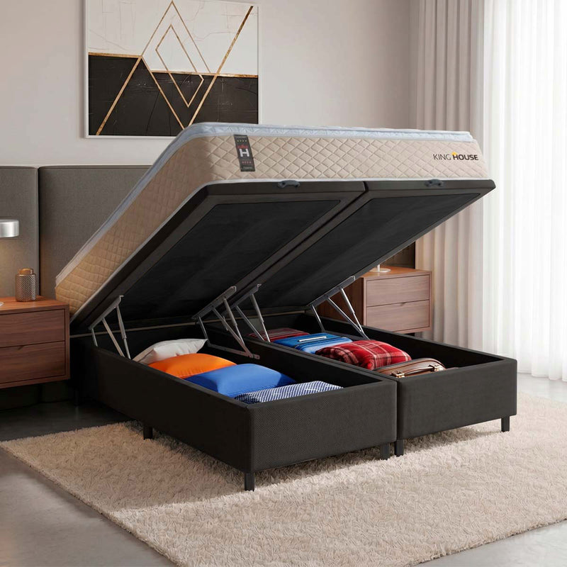 Cama Box Baú Alford c/ Molas Ensacadas 158x198 Bege e Preto Espuma D26 Suporta 110 kg