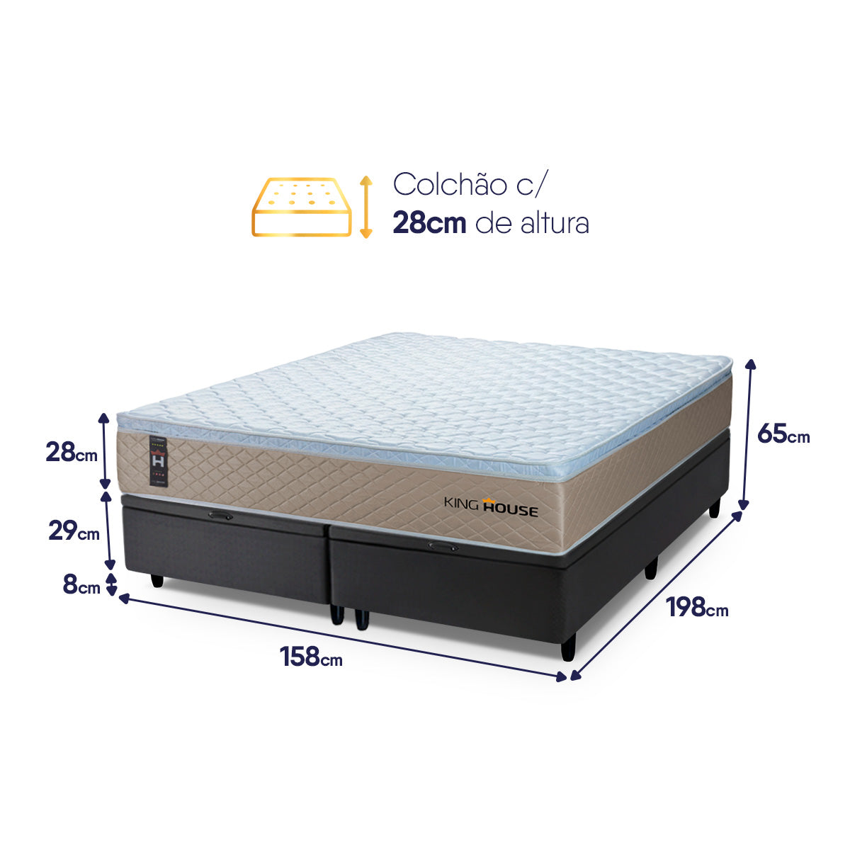 Cama Box Baú Alford c/ Molas Ensacadas 158x198 Bege e Preto Espuma D26 Suporta 110 kg