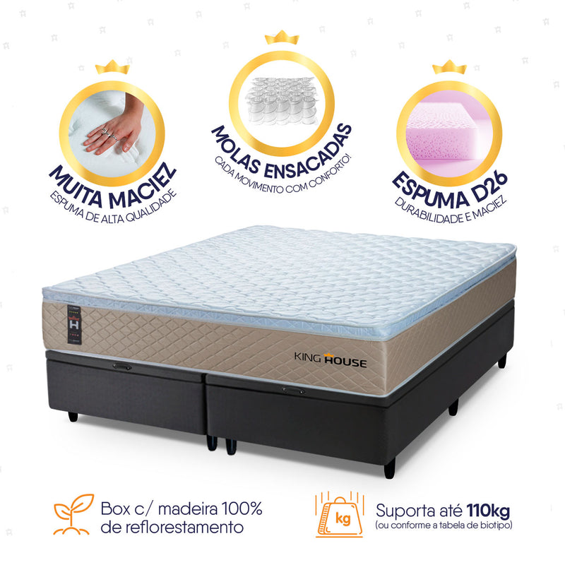 Cama Box Baú Alford c/ Molas Ensacadas 158x198 Bege e Preto Espuma D26 Suporta 110 kg