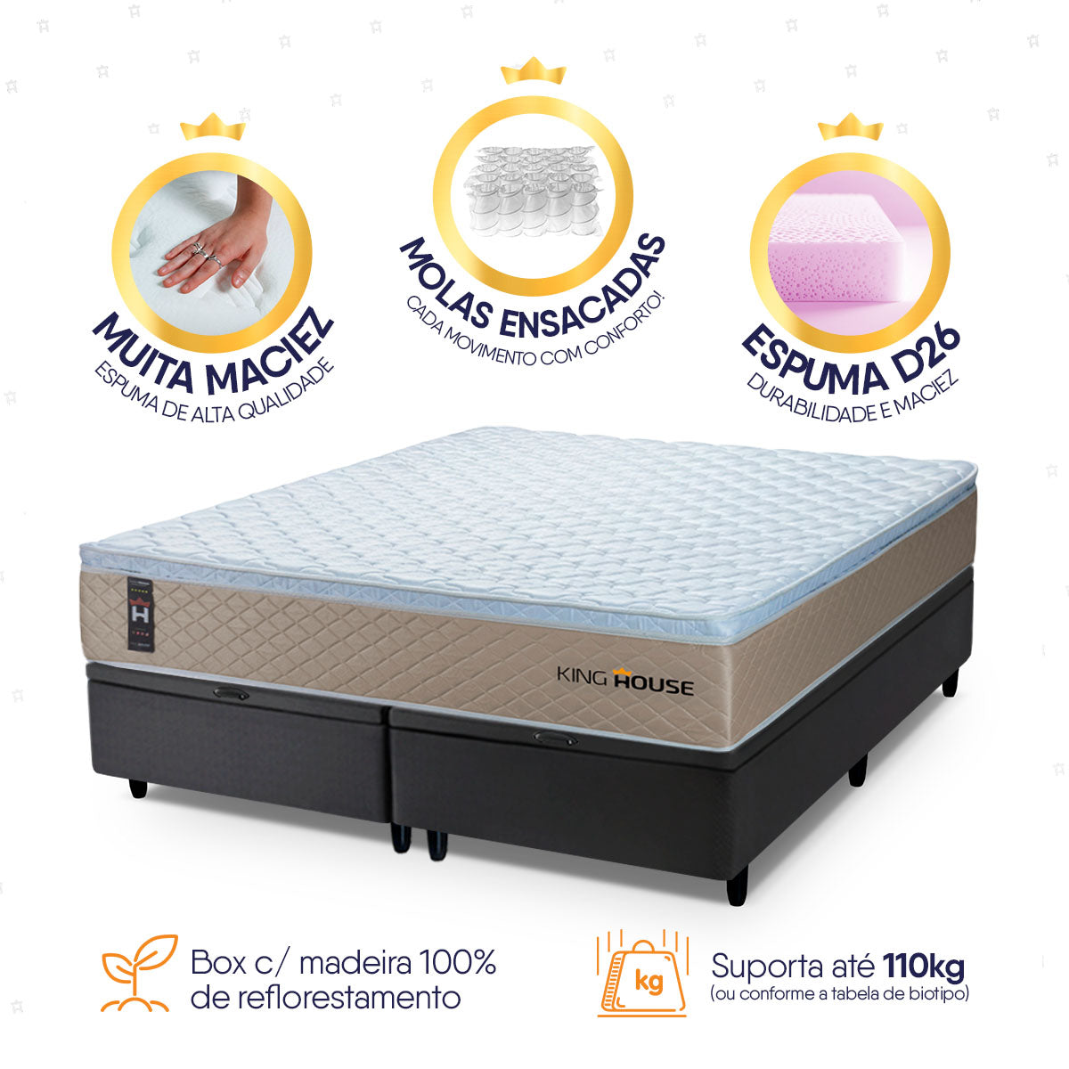 Cama Box Baú Alford c/ Molas Ensacadas 193x203 Bege e Preto Espuma D26 Suporta 110 kg