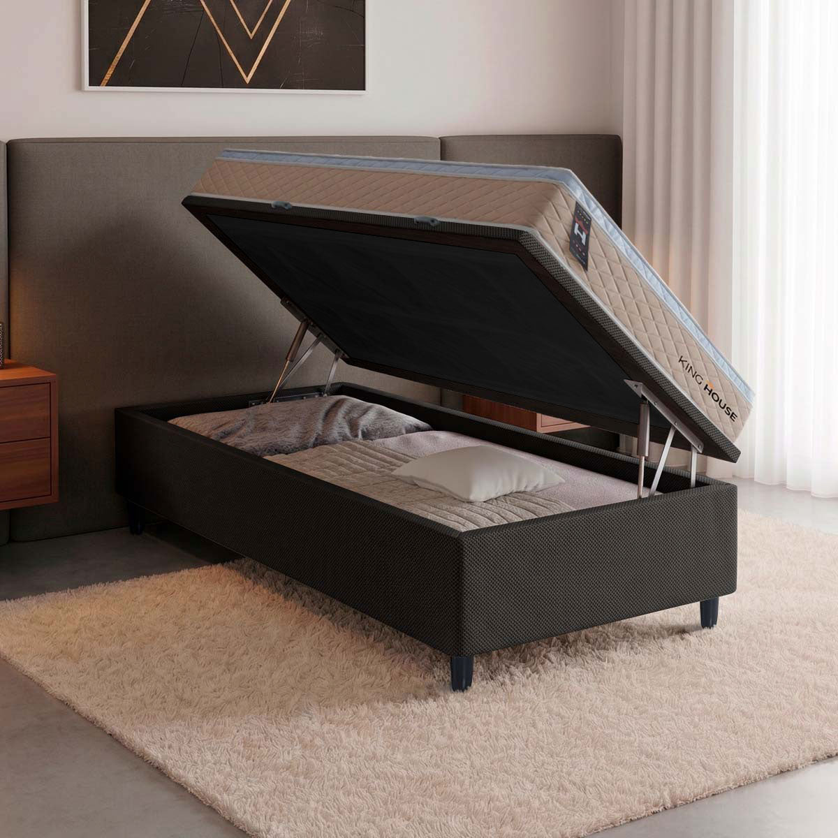 Cama Box Baú Alford 88x188 Bege e Preto c/ Molas Ensacadas Espuma D26 Suporta 110 kg