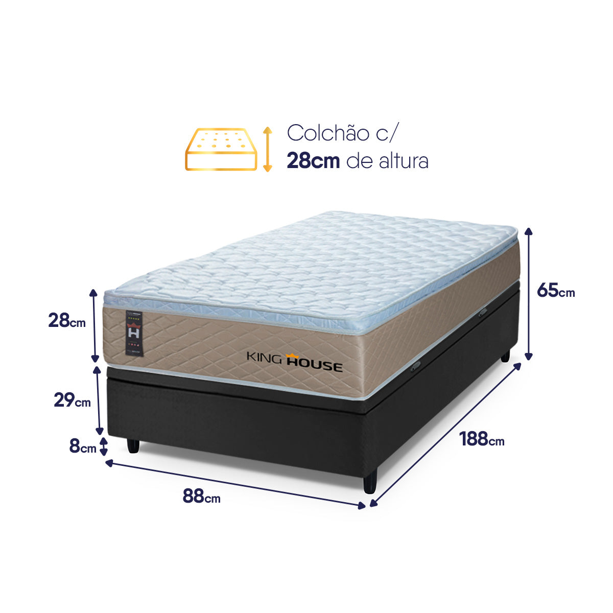 Cama Box Baú Alford 88x188 Bege e Preto c/ Molas Ensacadas Espuma D26 Suporta 110 kg