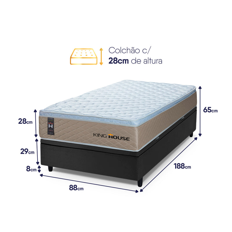 Cama Box Baú Alford 88x188 Bege e Preto c/ Molas Ensacadas Espuma D26 Suporta 110 kg