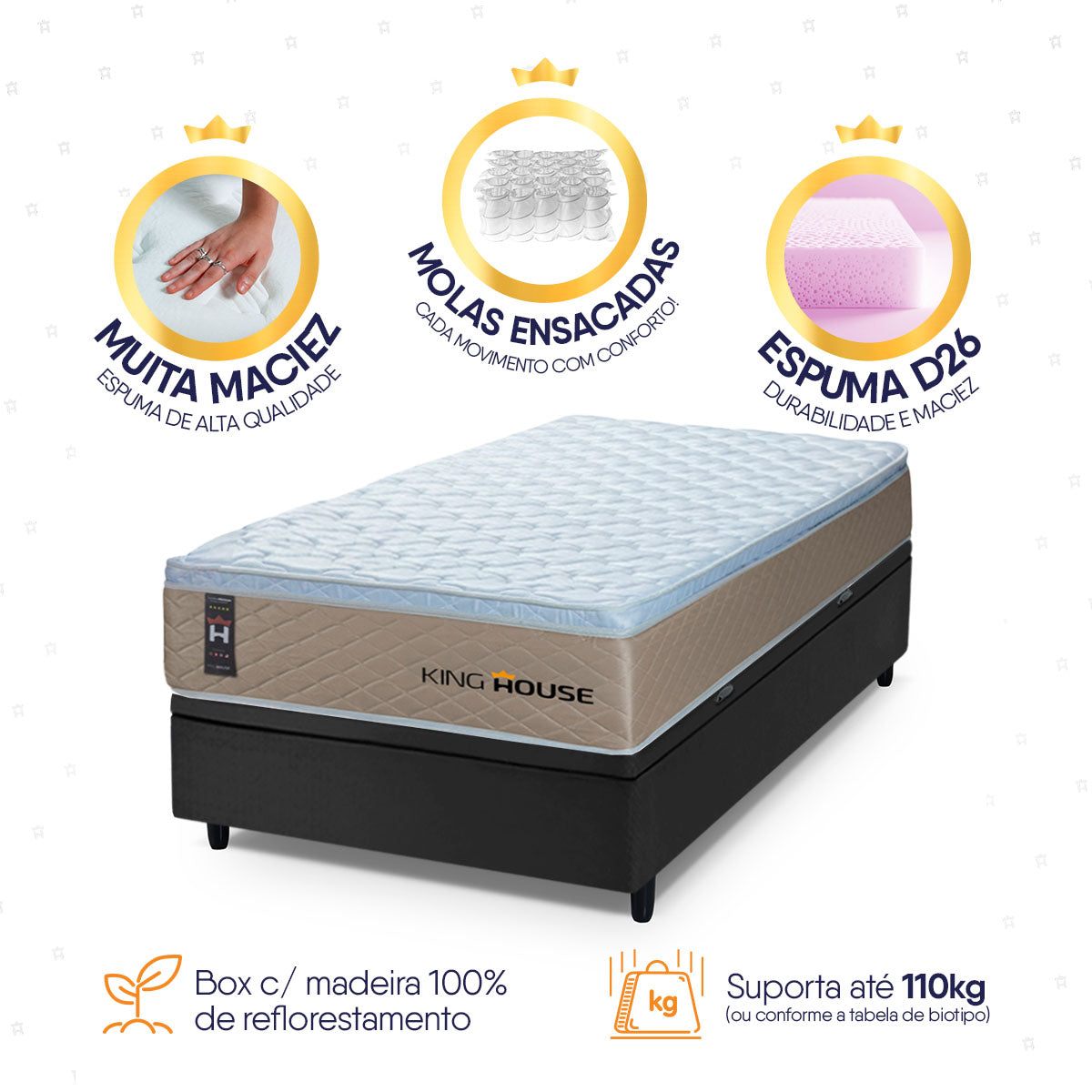 Cama Box Baú Alford 88x188 Bege e Preto c/ Molas Ensacadas Espuma D26 Suporta 110 kg