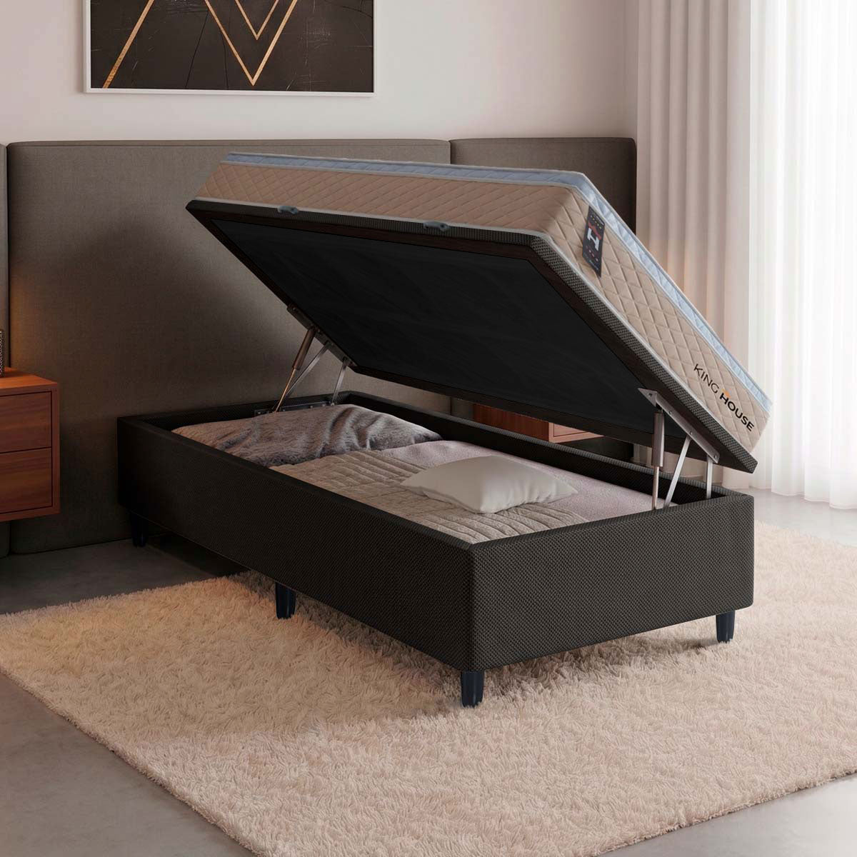 Cama Box Baú Alford 96x203 Bege e Preto c/ Molas Ensacadas Espuma D26 Suporta 110 kg