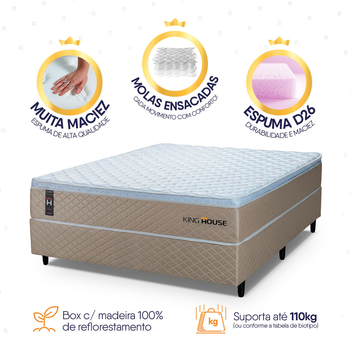Cama Box Casal 138x188 Alford Molas Ensacadas Branco Espuma D26 Suporta 110 Kg Por Pessoa