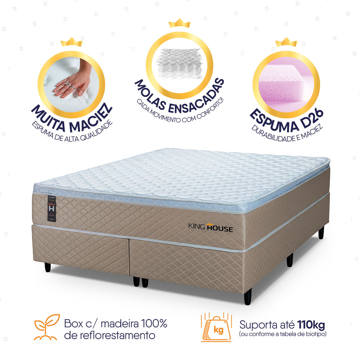 Cama Box Size Alford Molas Ensacadas King Branco Espuma D26 Suporta 110 Kg Por Pessoa