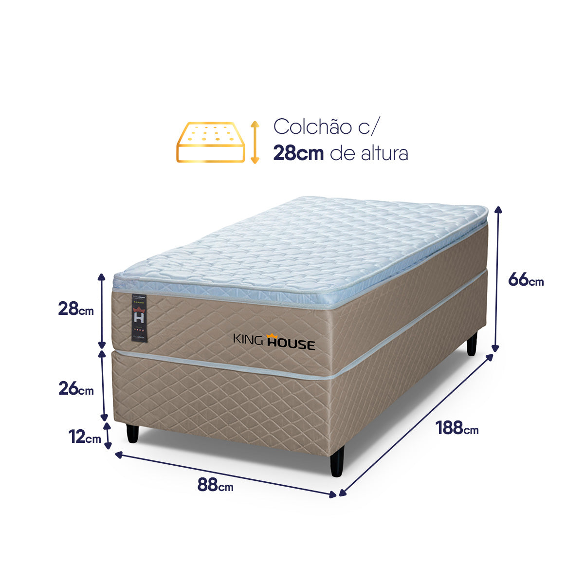 Cama Box Solteiro 88x188 Alford Molas Ensacadas Branco Espuma D26 Suporta 110 Kg Por Pessoa
