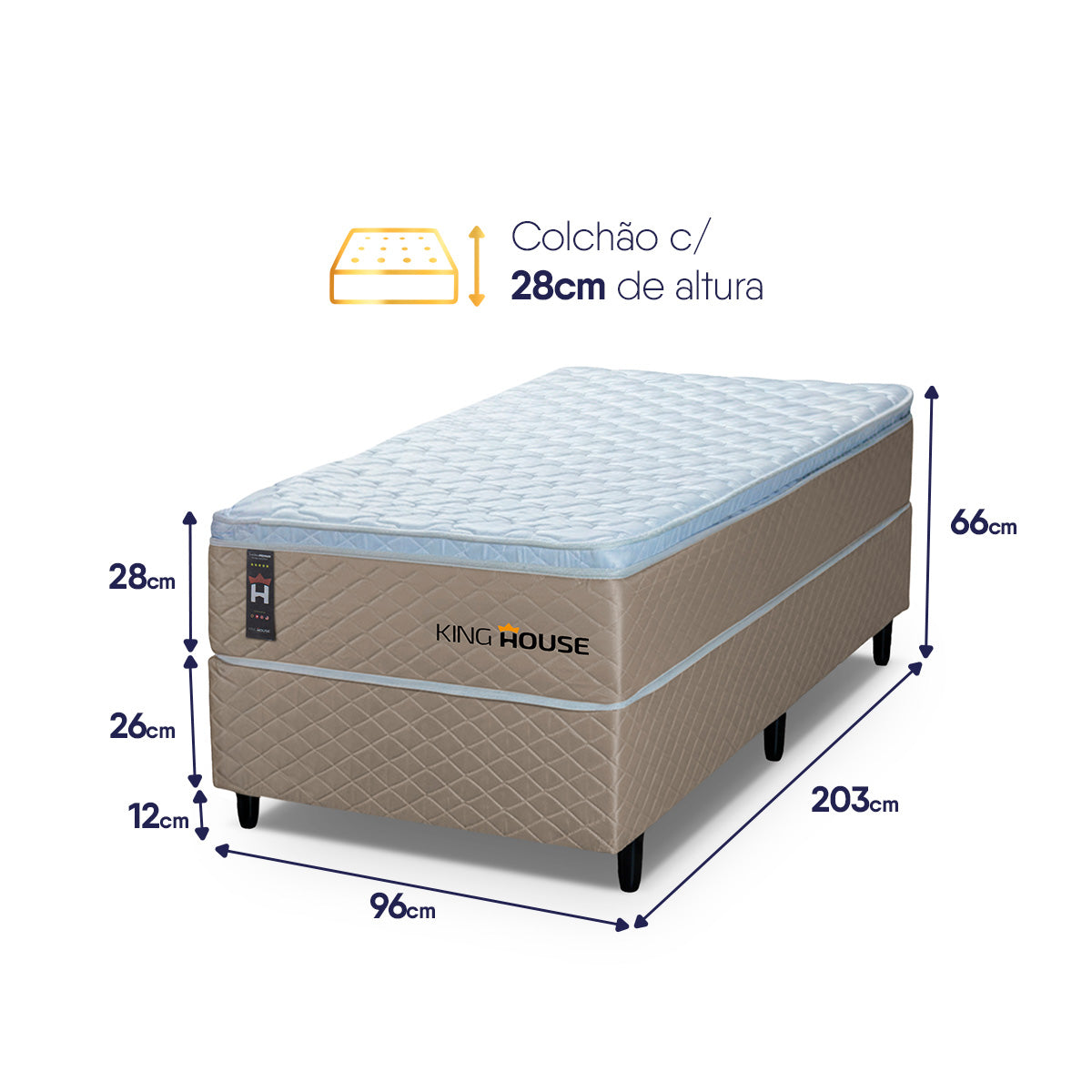 Cama Box Solteirão 96x203 Alford Molas Ensacadas Branco Espuma D26 Suporta 110 Kg Por Pessoa