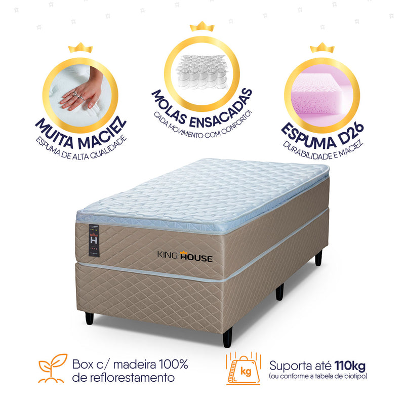 Cama Box Solteirão 96x203 Alford Molas Ensacadas Branco Espuma D26 Suporta 110 Kg Por Pessoa