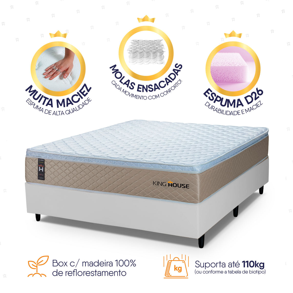 Cama Box Molas Ensacadas Alford Casal 138x188 Branco Espuma D26 Suporta 120 Kg Por Pessoa