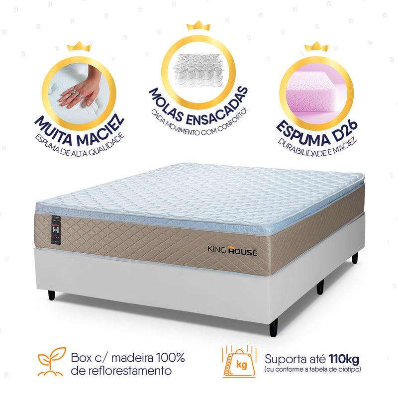 Cama Box Molas Ensacadas Alford Casal 138x188 Branco Espuma D26 Suporta 120 Kg Por Pessoa