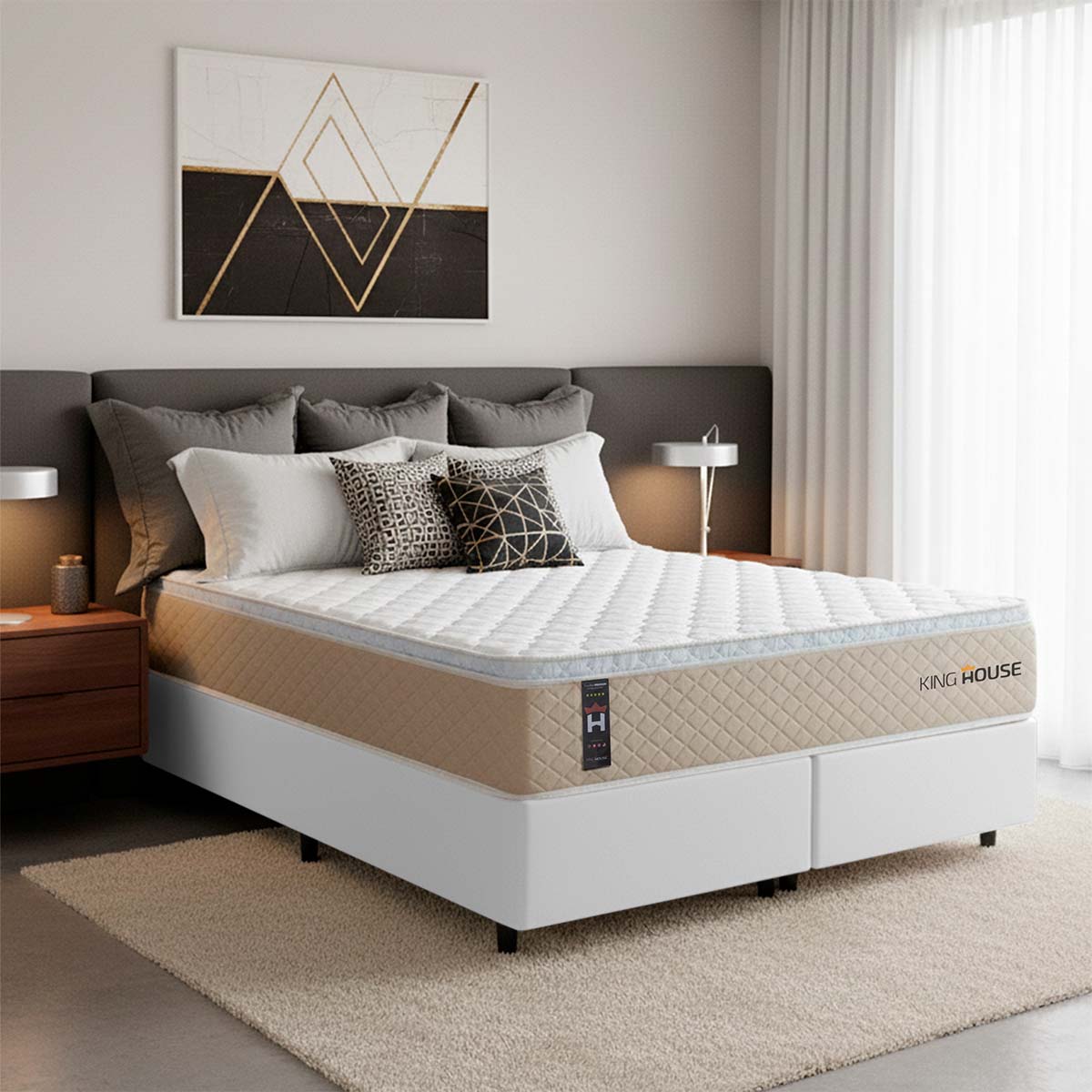 Cama Box Alford Molas Ensacadas Queen 158x198 Bege e Branco Espuma D26 Suporta 110 kg