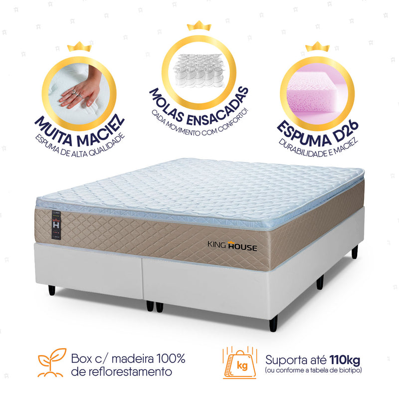 Cama Box Alford Molas Ensacadas Queen 158x198 Bege e Branco Espuma D26 Suporta 110 kg