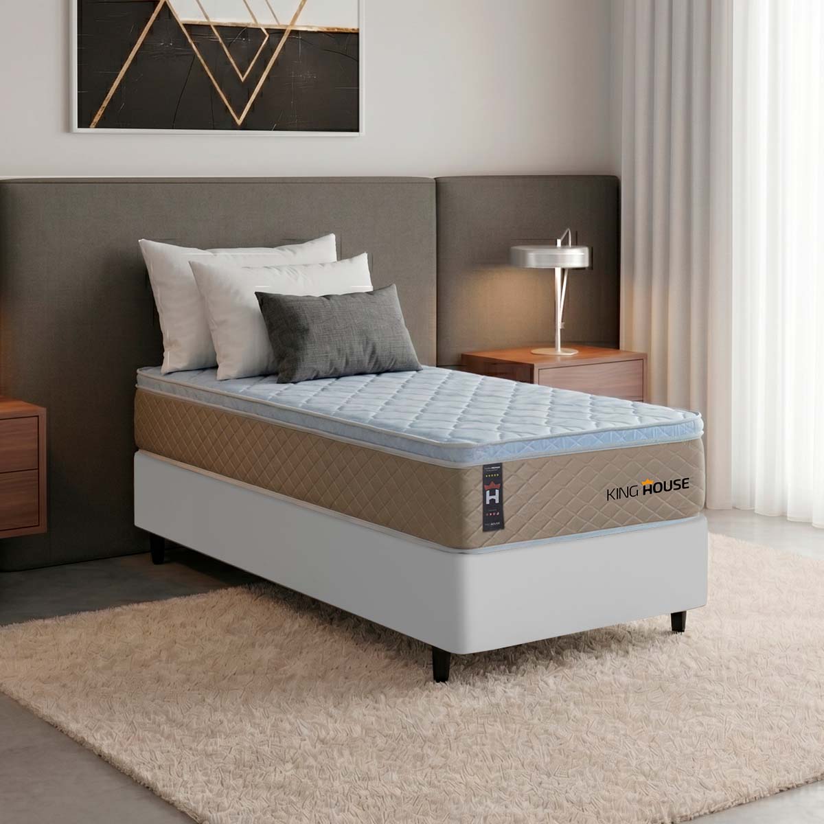 Cama Box Molas Ensacadas Alford Solteiro 88x188 Bege e Branco Espuma D26 Suporta 120 kg