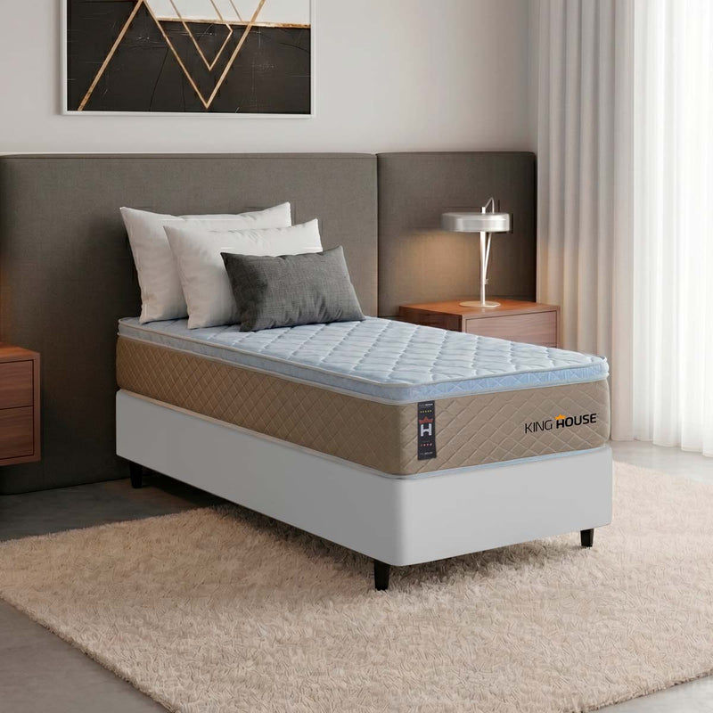 Cama Box Molas Ensacadas Alford Solteiro 88x188 Bege e Branco Espuma D26 Suporta 120 kg