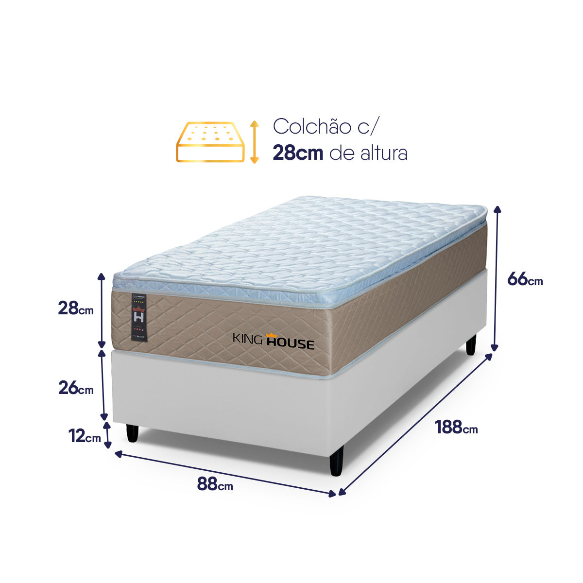 Cama Box Molas Ensacadas Alford Solteiro 88x188 Bege e Branco Espuma D26 Suporta 120 kg