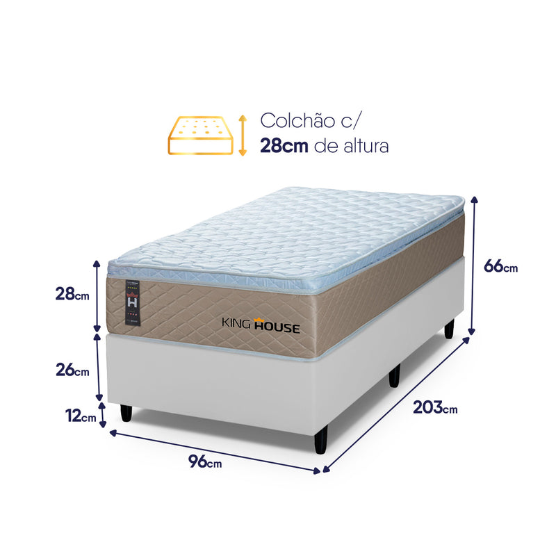 Cama Box Molas Ensacadas Alford Solteirão 96x203 Branco Espuma D26 Suporta 120 Kg Por Pessoa
