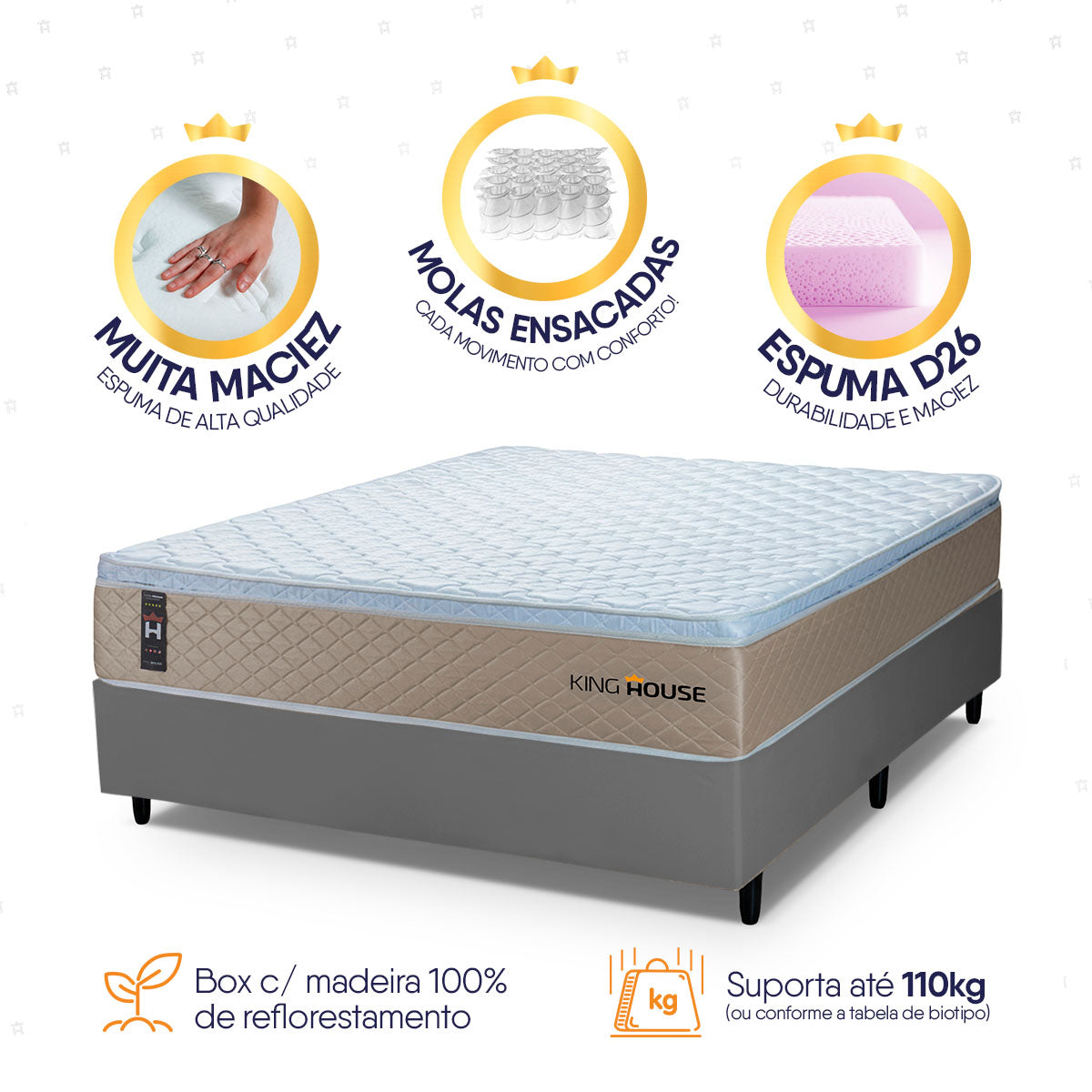 Cama Box Molas Ensacadas Alford Casal 138x188 Espuma D26 Suporta 120 Kg Por Pessoa