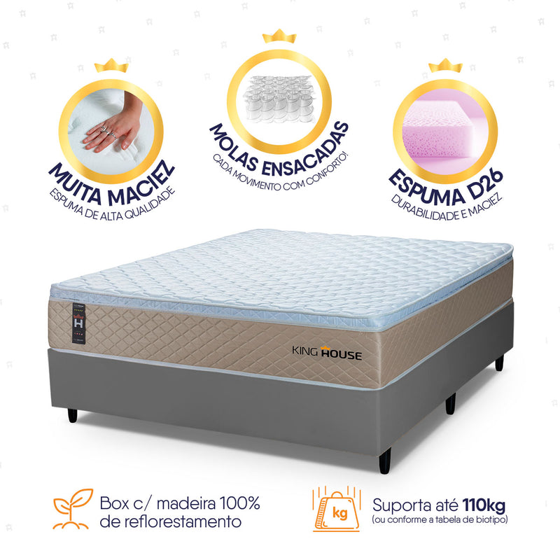 Cama Box Molas Ensacadas Alford Casal 138x188 Espuma D26 Suporta 120 Kg Por Pessoa