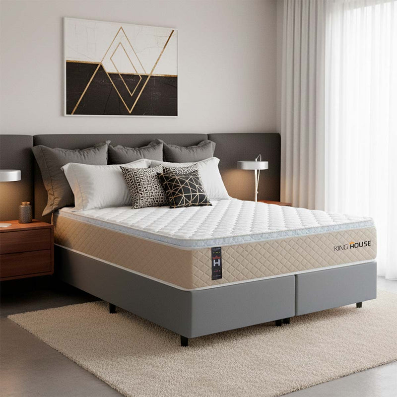 Cama Box Alford Molas Ensacadas Queen 158x198 Bege e Cinza Espuma D26 Suporta 110 kg