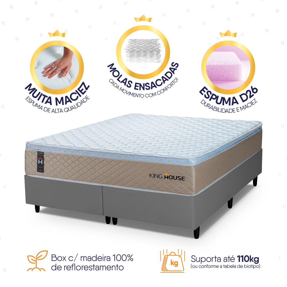 Cama Box Alford Molas Ensacadas  193x203 Bege e Cinza Espuma D26 Suporta 110 kg
