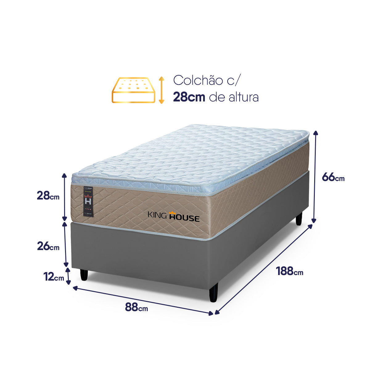 Cama Box Molas Ensacadas Alford Solteiro 88x188 Bege e Cinza Espuma D26 Suporta 120 kg