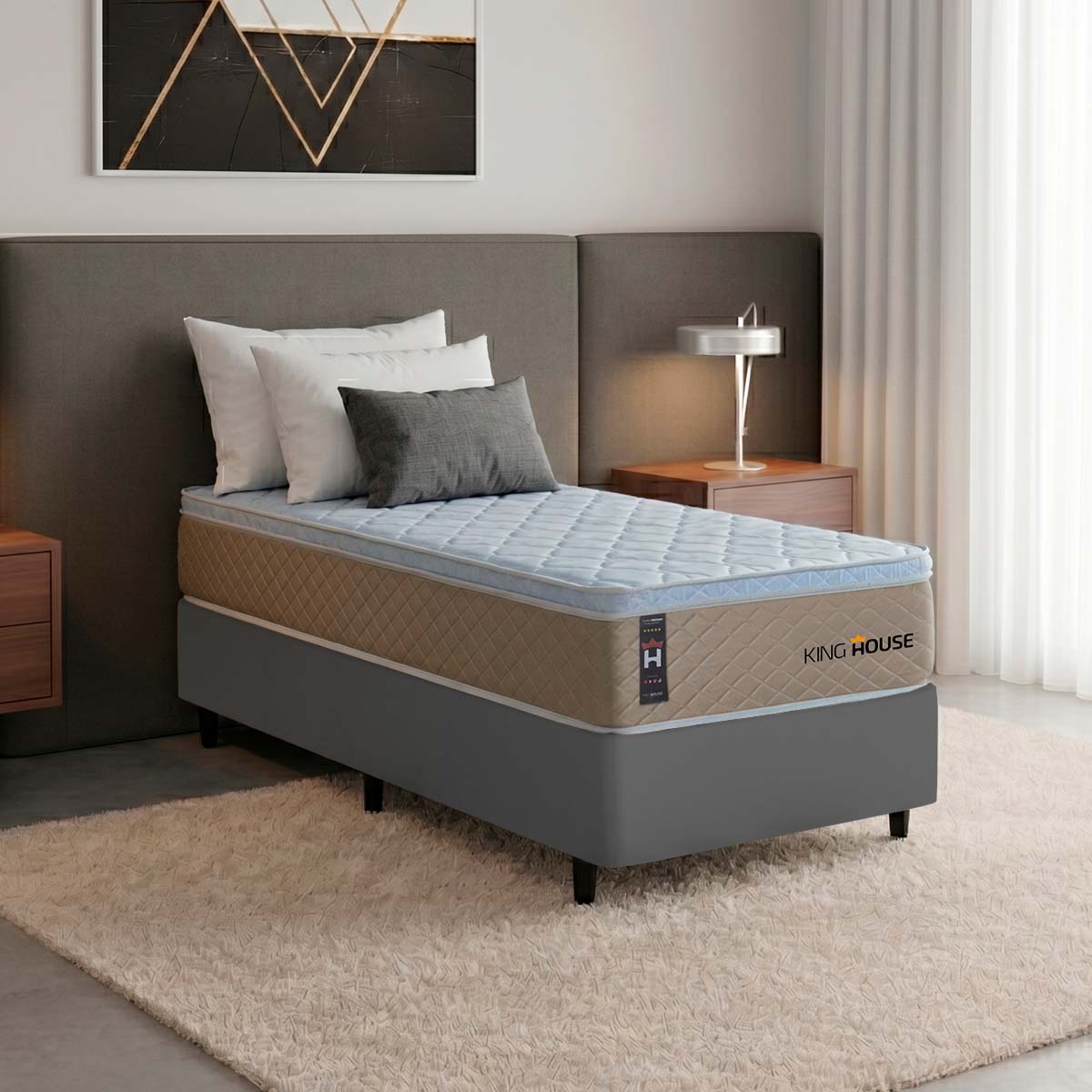 Cama Box Molas Ensacadas Alford Solteirão 96x203 Cinza Espuma D26 Suporta 120 Kg Por Pessoa
