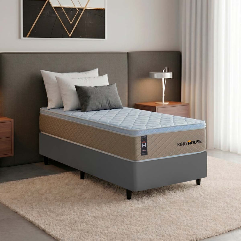Cama Box Molas Ensacadas Alford Solteirão 96x203 Cinza Espuma D26 Suporta 120 Kg Por Pessoa