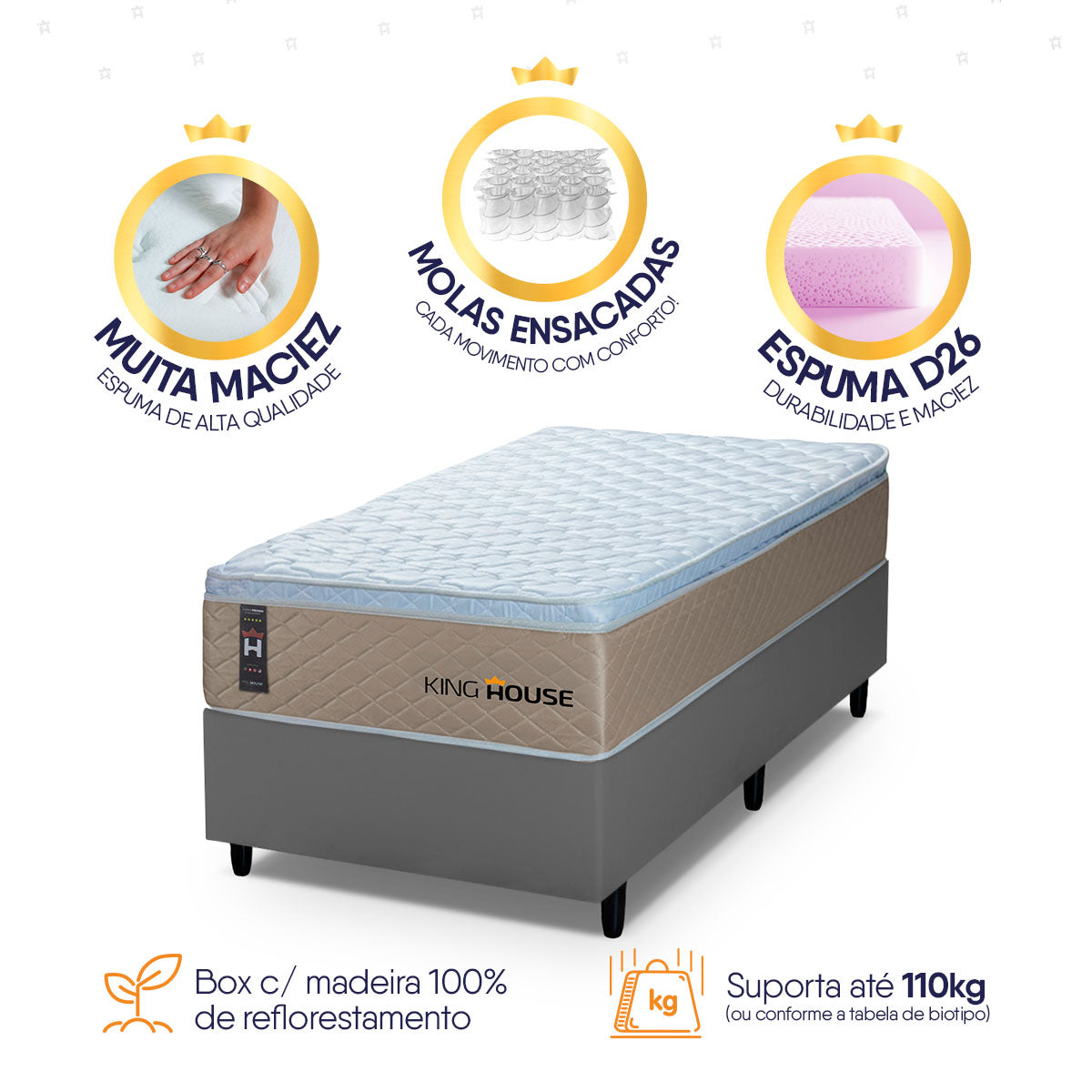 Cama Box Molas Ensacadas Alford Solteirão 96x203 Cinza Espuma D26 Suporta 120 Kg Por Pessoa