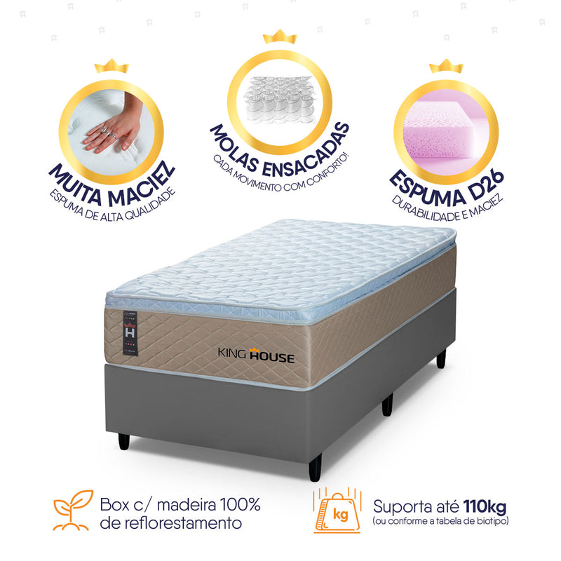 Cama Box Molas Ensacadas Alford Solteirão 96x203 Cinza Espuma D26 Suporta 120 Kg Por Pessoa