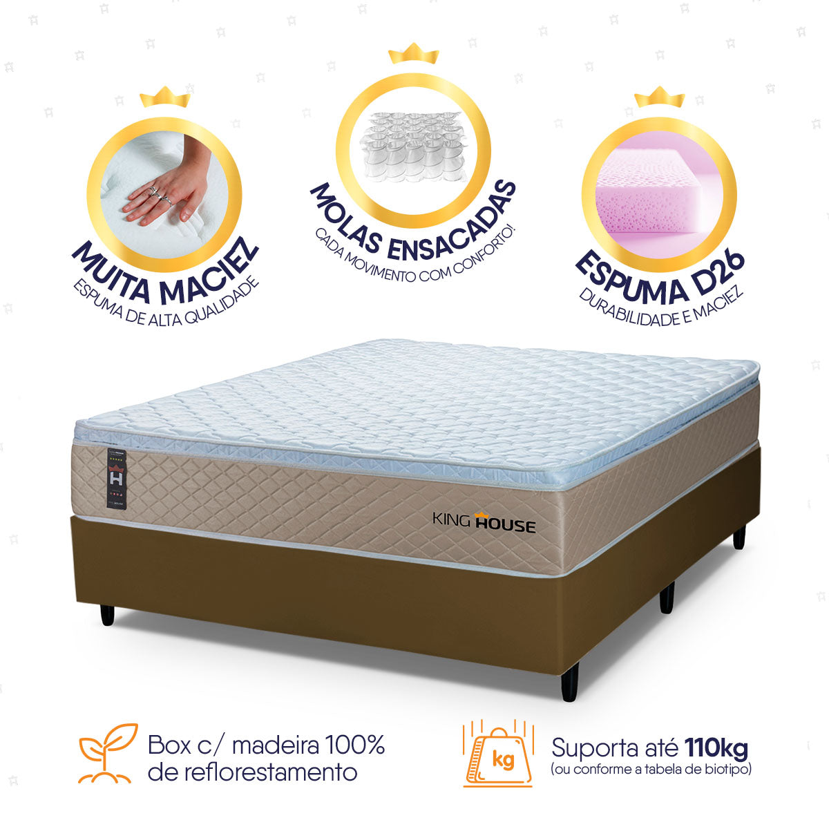 Cama Box Molas Ensacadas Alford Casal 138x188 Marrom Espuma D26 Suporta 120 Kg Por Pessoa