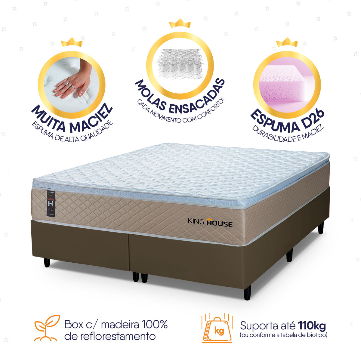 Cama Box Alford Molas Ensacadas Queen 158x198 Bege e Preto Espuma D26 Suporta 110 kg