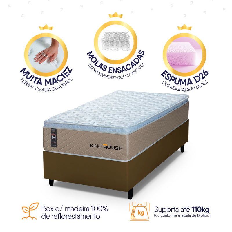 Cama Box Molas Ensacadas Alford Solteiro 88x188 Bege e Marrom Espuma D26 Suporta 120 kg