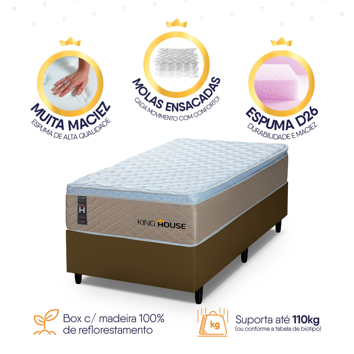 Cama Box Molas Ensacadas Alford Solteirão 96x203 Marrom Espuma D26 Suporta 120 Kg Por Pessoa