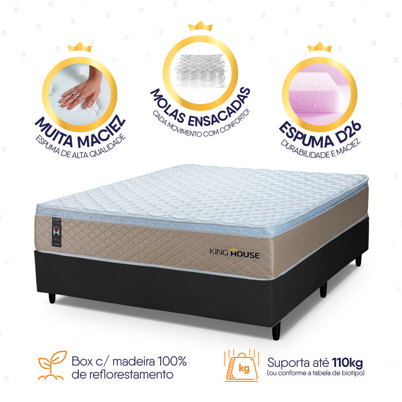 Cama Box Molas Ensacadas Alford Casal 138x188 Preto Espuma D26